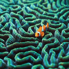 Wall Mural - A small orange and white fish is swimming in a maze of green seaweed