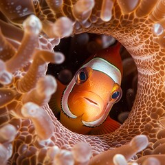 Wall Mural - A fish is looking out of a hole in a coral