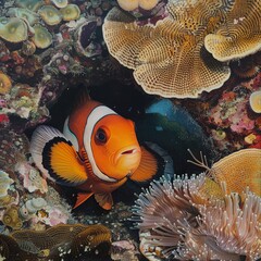 Canvas Print - A fish is swimming in front of a coral