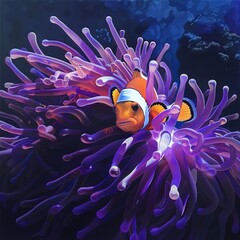 Poster - A fish is swimming in a purple sea anemone