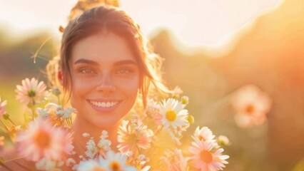 Wall Mural - A close-up of a happy woman overflowing with spring flowers, wearing a sophisticated Easter dress, and beaming with joy