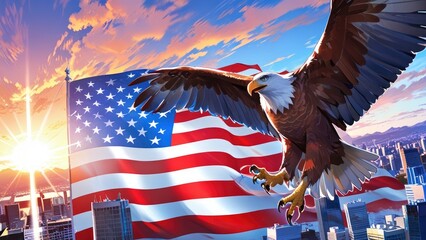 Wall Mural - American Independence Day flag patriotic background with bald eagle in city