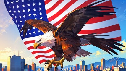 Wall Mural - American Independence Day flag patriotic background with bald eagle in city