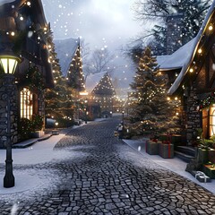 Canvas Print - A snowy street with a Christmas tree in the middle