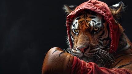 A majestic tiger wearing a red hooded cloak, with intense eyes,  looking directly at the camera.