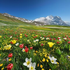 Canvas Print - A field of flowers with a mountain in the background