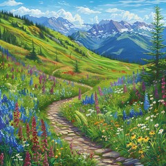 Canvas Print - A painting of a mountain valley with a path through a field of wildflowers