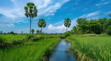 Wall Mural - water being harvesting from an artificial dam in the rice fields, which is located next to Thai paddy field and palm trees on both sides of river with blue sky and green grass background.