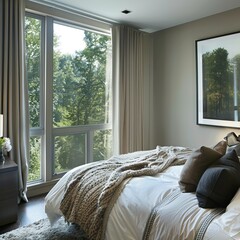 Wall Mural - A bedroom with a large window and a white bed with a gray blanket and pillows