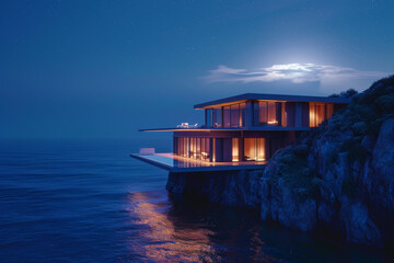 A modern house on the edge of a cliff above the sea, with a view from the front, lights inside and outside, in the blue hour, with silver starlight...