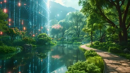 Wall Mural - A serene garden setting with a winding path leading towards a shimmering pond, reflecting the holographic image of a futuristic building.