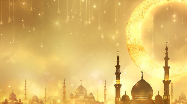 Ramadan religious background with mosque silhouettes gold