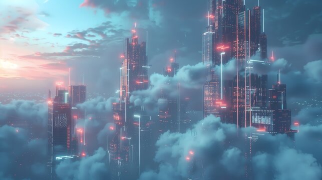 Digital Cloud Cityscape: Futuristic Skyline of Data-driven Skyscrapers. advanced technology and connectivity concept