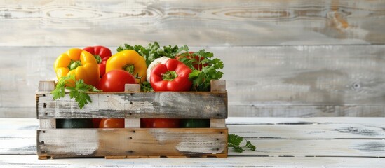 Wall Mural - Fresh Vegetables presented in wooden crate on white wooden backdrop.