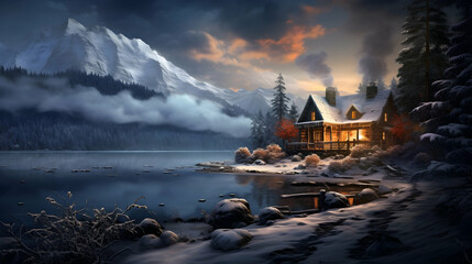 Wall Mural - Cozy cabin by a frozen lake