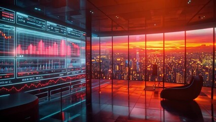 Wall Mural - An office with a large window overlooking a city at sunset. The window reflects the orange and red hues of the sunset, and the office features a digital display with data and charts.