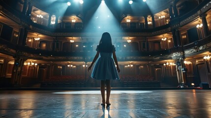 A young girl stands on a stage in a theater. The stage is empty and the lights are on. The girl is wearing a blue dress and he is waiting for the show to begin. Scene is one of anticipation