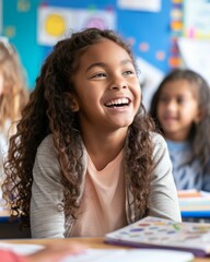 Canvas Print - A girl smiles while sitting at a desk in class. Generative AI.