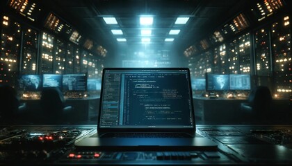 Wall Mural - Laptop with Code in a Futuristic Control Room