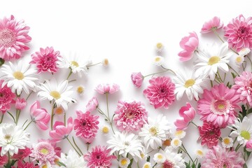 Wall Mural - Beautiful Pink and White Daisies Border on White Surface Floral Arrangement for Beauty and Art Inspiration