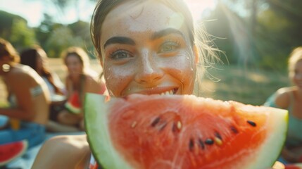 A woman is happily holding a slice of Citrullus, also known as watermelon, with a big smile on her face. The natural fruit is a tasty and refreshing food, perfect for a hot day AIG50