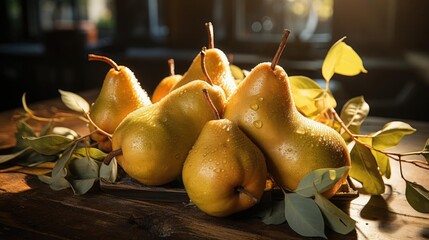 Wall Mural - delicious fresh pears fruits with black and blur background