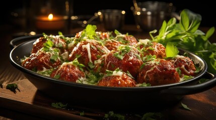 Wall Mural - meatballs with melted tomato sauce on a bowl with a black and blur background