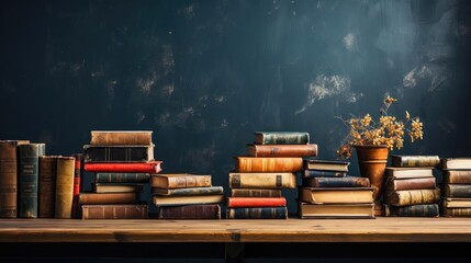 Wall Mural - Front view pile of books on minimalistic background or stock of books for world book day background