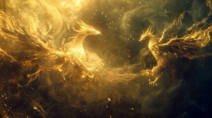 Poster - Golden tendrils of smoke form the silhouettes of glistening phoenixes and majestic dragons reminding us of the magic and wonder of the mythical world.