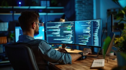 a software developer works on code late into the night, illuminated by the glow of multiple computer