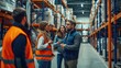© Summit Art Creations - A team of warehouse workers in safety vests engage in a group discussion in a large modern logistics center. AIG41