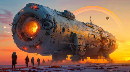 Wall Mural - Futuristic mining sci fi spaceship landed on an orange blue alien world with crew on the ground at sunset