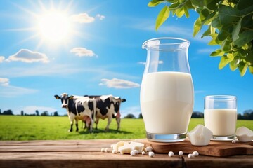 healthy fresh milk on wood table with farm, blue sky and white cloud background