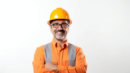 Canvas Print - Portrait of engineer man happy with workplace,  on white background. 