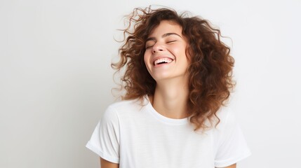 Wall Mural - Portrait of happy and positive woman close eyes, smiling carefree, 