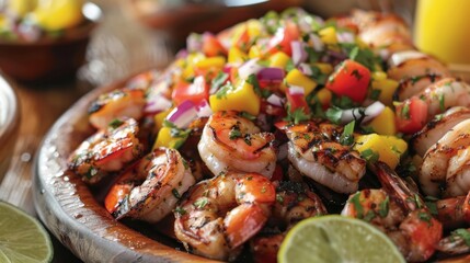 The air is heavy with the scent of freshly grilled seafood and tangy mango salsa.