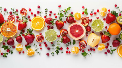 Assorted fruits and vegetables creating a lower border on a white background. AI generative.
