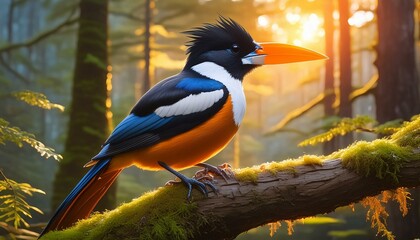 Wall Mural -  colorful bird with a black and white head, an orange beak and a blue tail perched on the 