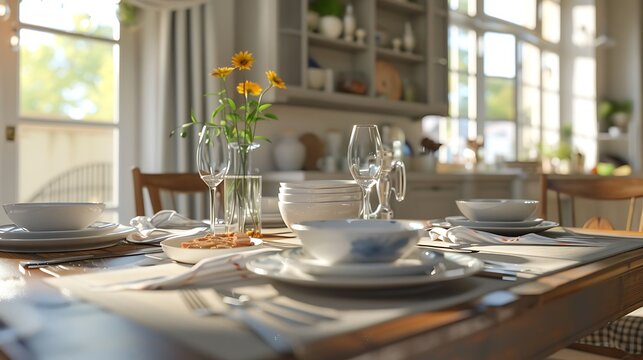 Kitchen table set with various dishes and accessories, captured in high-definition realism