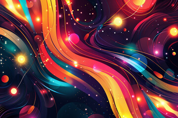 Wall Mural - A colorful abstract Christmas design with swirling lights, bold shapes, and shimmering particles.