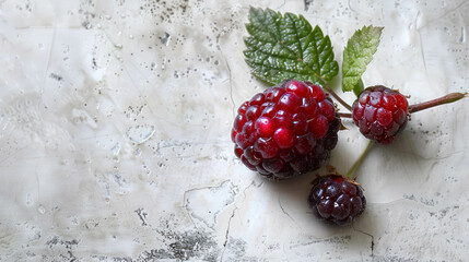 Wall Mural - Macro shot of a sweet blackberry with a small leaf, set against a white background. AI generative.