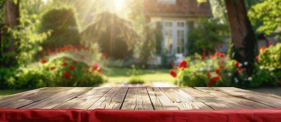 Wall Mural - Red tablecloth on wooden surface with a blurred green courtyard in the background, evoking ideas of summer picnics and offering a design suitable for showcasing food and beverages without