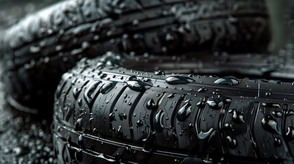 Texture of black and wet automobile tires art object background