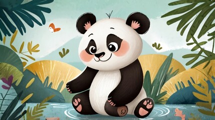 Wall Mural - illustration of cute panda in nature with wildlife background