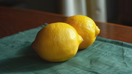 Wall Mural - Two newly picked lemons placed on a wooden surface on top of a green table cover