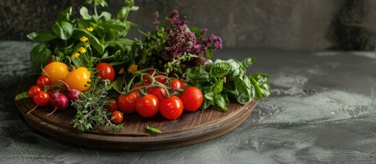 Wall Mural - Organic Vegetables and Fresh Herbs on a Wooden Platter