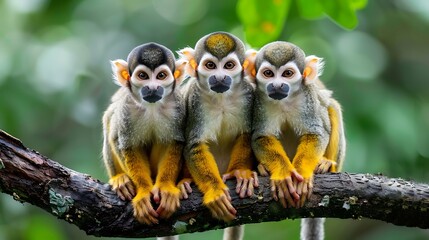 Wall Mural - Three common squirrel monkeys sitting on a tree branch very close to each other