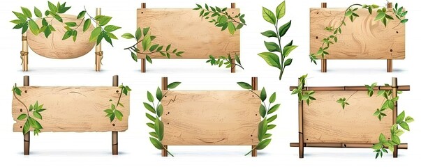 Realistic of different set bamboo wood and paper signboards with green leaves isolated on white background