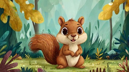 Poster - illustration of cute squirrel in nature with wildlife background