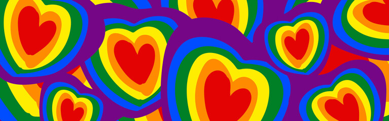 Hearts rainbow color background in groovy cartoon style. Horizontal design. Happy Pride Month Banner.